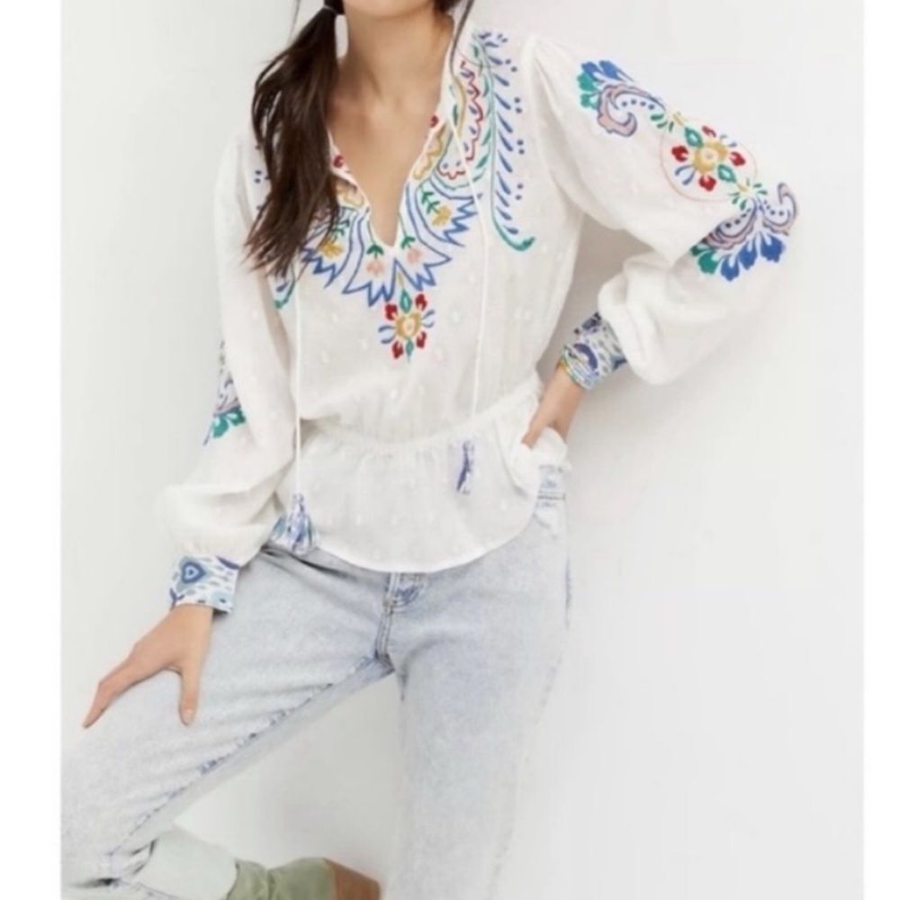 Anthropologie Forever That Girl Embroidered Peplum Peasant Blouse Top Medium - Picture 3 of 15